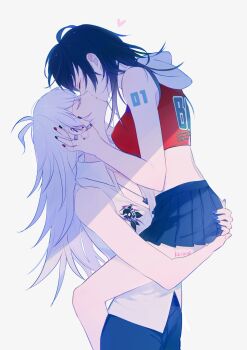 2girls ahoge aohitsugi_samatoki arm_tattoo bare_arms bare_shoulders black_hair black_skirt blue_nails blue_skirt blush breasts carrying cleavage closed_eyes crop_top earrings from_side genderswap genderswap_(mtf) grey_background hand_on_another&#039;s_ass heart highres hood hood_down hoodie hypnosis_mic jewelry kelme kiss long_hair medium_breasts midriff miniskirt multiple_girls nail_polish necklace pants pleated_skirt red_nails shirt shoulder_tattoo simple_background skirt sleeveless sleeveless_shirt standing tattoo white_background white_hair white_shirt yamada_ichiro yuri
