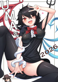 2026 2girls :d absurdres anus anus_peek asymmetrical_wings black_dress black_hair black_thighhighs blue_wings bouncing_breasts bow bowtie breasts closed_mouth commentary_request convenient_censoring covered_erect_nipples cowboy_hat dress fangs hair_between_eyes hand_up happy_new_year harunoha hat heart highres houjuu_nue kurokoma_saki long_hair medium_breasts medium_hair multiple_girls nail_polish new_year no_bra no_panties one_eye_closed open_mouth partially_visible_vulva polearm red_bow red_bowtie red_eyes red_nails red_wings sharp_teeth short_sleeves smile snake snake_wrapped_around_arm teeth thighhighs thighs touhou two-tone_wings v weapon wings