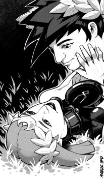 absurdres armor black_eyes black_hair breastplate breasts couple grass greyscale hades_(series) hades_2 hand_on_another&#039;s_ear highres implied_incest laurel_crown looking_at_another mateus_upd medium_breasts melinoe_(hades) monochrome short_hair zagreus_(hades)