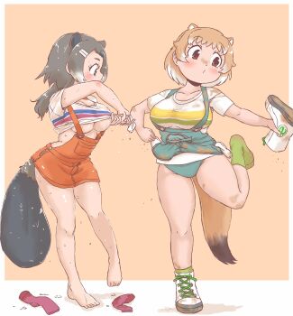 2girls american_beaver_(kemono_friends) animal_ears beaver_ears beaver_tail black-tailed_prairie_dog_(kemono_friends) blush breasts brown_eyes dirty dirty_clothes dripping grey_hair hair_ornament hairclip highres implied_yuri kemono_friends large_breasts maki_(02uh14l1b740ao2) multicolored_hair multiple_girls overall_skirt panties removing_shoes shirt shoes short_hair single_shoe socks suspenders tail underboob underwear wet wet_clothes wet_shirt wringing wringing_clothes