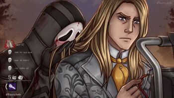 2boys alternate_costume alternate_hairstyle ascot black_gloves black_robe blonde_hair blood blood_on_clothes blood_on_mask blue_eyes blush dead_by_daylight felix_richter generator ghostface gloves grey_jacket hooded_robe hunnybear jacket long_hair mask multiple_boys repairing robe shirt smelling smelling_hair user_interface white_mask white_shirt wire yellow_ascot