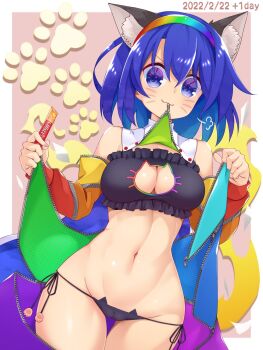 1girl animal_ears black_bra black_panties blue_eyes blue_hair blush bra breasts cape cat_ears cat_lingerie cat_tail catnip cleavage cleavage_cutout clothing_cutout commentary_request cowboy_shot dated fingernails hairband highres holding kemonomimi_mode lingerie medium_breasts mouth_hold muchin_jousha multicolored_hairband outside_border panties patchwork_clothes puff_of_air red_button shiny_skin short_hair solo tail tenkyuu_chimata thighs touhou underwear whiskers white_cape zipper zipper_pull_tab
