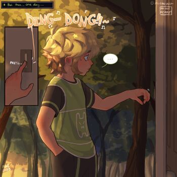 Rule 34 | ..., 1boy, 2023, alternate costume, alternate universe, artist name, basil (faraway) (omori), basil (omori), blonde hair, blue eyes, closed mouth, door, doorbell, english text, from side, hand in pocket, highres, left-to-right manga, madnopost, male focus, omori, outdoors, short sleeves, sidelocks, solo, speech bubble, spoken ellipsis, tree