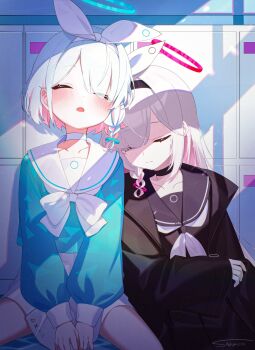 2girls absurdres arona_(blue_archive) black_choker blue_archive blush choker hair_between_eyes halo highres locker multiple_girls open_mouth plana_(blue_archive) sarukichi school_uniform sleeping