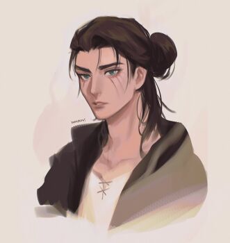 1boy black_jacket brown_hair collarbone commentary cropped_torso english_commentary eren_yeager facial_mark green_eyes hair_bun highres jacket kookirani male_focus medium_hair medium_sideburns open_clothes open_jacket parted_lips scar shingeki_no_kyojin shirt sideburns solo titan_shifter_scars white_shirt