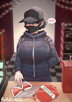 1girl absurdres aestheticc-meme alex_(aestheticc-meme) bag baseball_cap bikini black_hair black_jacket blush breasts buying_condoms cash_register christmas clothes_hanger condom_box counter ear_piercing facing_viewer green_eyes hand_in_pocket hat highres hood hooded_jacket huge_breasts jacket looking_to_the_side mask mole mole_under_eye mouth_mask okamoto_condoms original piercing santa_bikini santa_costume shop shopping shopping_bag short_hair shy solo spoken_blush swimsuit unworn_bikini very_short_hair
