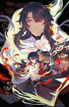 1boy absurdres avidyae bandages beads belt blade_(honkai:_star_rail) blue_hair chinese_hairpin closed_mouth coattails commentary earrings english_commentary flower glowing_flower hair_ornament hair_over_one_eye hair_stick highres honkai:_star_rail honkai_(series) jacket jewelry long_hair male_focus mortenax_blade_(honkai:_star_rail) necklace official_alternate_hair_color open_clothes open_jacket orange_eyes pants spider_lily tailcoat tassel very_long_hair white_hair yingxing_(honkai:_star_rail)