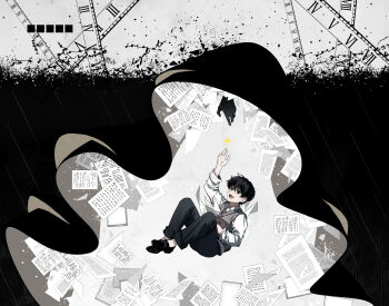 1boy 1other black_hair book cloak commentary_request curled_up falling full_body grey_vest highres hood hood_up hooded_cloak hugging_object kim_dokja knees_up oldest_dream omniscient_reader&#039;s_viewpoint outstretched_arm reaching reaching_towards_another sanjinmogufufu secretive_plotter shirt short_hair too_many_papers vest white_shirt yoo_joonghyuk