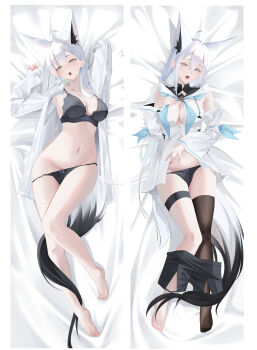 1girl :o absurdres ahoge animal_ear_fluff animal_ears aqua_eyes bare_shoulders barefoot bed_sheet black_bra black_panties black_shorts black_thighhighs blue_neckerchief bra breasts center_opening cleavage clothes_pull commentary_request crossed_bangs dakimakura_(medium) detached_sleeves drawstring extra_ears feet fingernails fox_ears fox_girl fox_tail full_body hair_behind_ear highres hololive hood hooded_vest hoodie jewelry lace lace_bra large_breasts long_hair long_sleeves looking_at_viewer loose_clothes loose_shirt lying multiple_views navel neckerchief no_pants no_shoes on_back open_clothes open_mouth open_shirt panties panty_pull shirakami_fubuki shirakami_fubuki_(1st_costume) shirt shorts shorts_pull sidelocks single_bare_foot single_thighhigh sleeves_past_wrists tail tanishi_(hetianming11093) thigh_strap thighhighs toenails toes underwear unworn_shorts vest virtual_youtuber white_hair white_shirt white_vest wide_sleeves