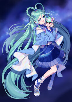 1girl absurdly_long_hair aqua_hair aqua_nails asymmetrical_legwear blue_eyes blue_jacket blue_skirt blue_thighhighs braid braided_hair_rings crop_top earrings hair_ornament hair_rings hatsune_miku heart heart_earrings highres jacket jewelry long_hair long_sleeves magical_mirai_(vocaloid) magical_mirai_miku magical_mirai_miku_(2025) sandals skirt smile solo star_(symbol) star_hair_ornament thighhighs twintails user_jvfd5347 very_long_hair vocaloid