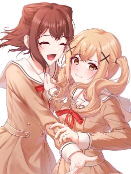 2girls bang_dream! blonde_hair blush bow bowtie brown_hair brown_serafuku closed_eyes commentary_request embarrassed glomp hair_bun hair_ornament hanasakigawa_school_uniform highres holding_another&#039;s_arm hug ichigaya_arisa imminent_hug korean_commentary lqullwl multiple_girls open_mouth red_bow red_bowtie school_uniform serafuku smile star_(symbol) star_hair_ornament toyama_kasumi twintails white_background x_hair_ornament yellow_eyes