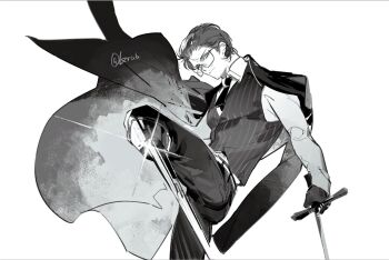 1boy bags_under_eyes beard_stubble black_gloves black_jacket black_necktie collared_shirt facial_hair foot_out_of_frame glasses gloves gregor_(project_moon) greyscale hair_slicked_back holding holding_sword holding_weapon incoming_attack jacket jacket_on_shoulders kicking krab_(fumekrab) leg_up limbus_company looking_at_viewer male_focus monochrome narrowed_eyes necktie night_awls_(identity)_(project_moon) official_alternate_costume peg_leg project_moon scar scar_on_face serious shirt solo striped_clothes striped_vest stubble sword vest weapon white_shirt