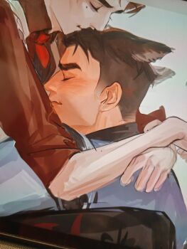 2boys animal_ears arcane:_league_of_legends arcane_jayce black_pants blessarevvv brown_hair brown_shirt closed_eyes closed_mouth collared_shirt commentary ears_back grey_jacket highres hug jacket jayce_(league_of_legends) kemonomimi_mode kissing_head league_of_legends male_focus mole mole_under_eye multiple_boys mutual_hug necktie pants red_necktie shirt short_hair sitting sketch symbol-only_commentary thick_eyebrows viktor_(arcane) viktor_(league_of_legends) wing_collar yaoi