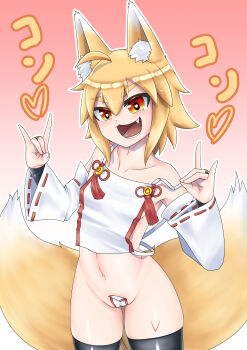 1girl animal_ears black_thighhighs blonde_hair cameltoe collarbone cowboy_shot detached_sleeves dot_nose double_m/ ebiken fang female_focus flat_chest hands_up heart heart-shaped_pupils kitsune loli looking_at_viewer matching_hair/eyes mesugaki naughty_face navel open_mouth orange_hair original shirt short_hair sideless_shirt simple_background smile smug solo standing symbol-shaped_pupils tail teeth thick_eyebrows thighhighs tongue w_arms white_shirt white_sleeves yellow_eyes