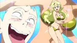 3boys 3girls animated anime_screenshot arms_under_breasts ass bikini black_hair blonde_hair blue_bikini blush breasts brown_hair cleavage collarbone green_one-piece_swimsuit kinon_bachika kiyal_bachika kiyoh_bachika large_breasts leeron_littner long_hair looking_at_viewer medium_breasts multiple_boys multiple_girls one-piece_swimsuit open_mouth siblings sisters smile sound swimsuit tagme tengen_toppa_gurren_lagann thighs video yellow_bikini