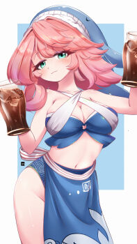 1girl absurdres alternate_breast_size_(smaller) alternate_costume animal_print apron blue_apron blue_background blue_sarong blue_tube_top blush border breasts cleavage commentary criss-cross_straps fish_print green_eyes highres looking_at_viewer lykesya medium_breasts medium_hair midriff navel okunoda_miyoi okunoda_miyoi_(waitress_of_beach_house_kourindou) pink_hair sarong smile soda solo strapless touhou touhou_lostword tube_top untranslatable_commentary whale_hat whale_print white_border