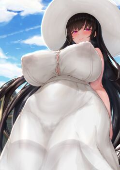1girl 2channel arms_at_sides bare_shoulders black_hair black_thighhighs blush breasts button_gap cloud covered_erect_nipples cream_cod curvy dress from_below hasshaku-sama hat highres huge_breasts japanese_urban_legends large_areolae long_dress long_hair looking_at_viewer looking_down mature_female mole mole_under_eye narrow_waist nipples no_bra outdoors pink_eyes plump pussy_juice_stain sash see-through_clothes see-through_dress skin_tight sky sleeveless sleeveless_dress smile solo sun_hat sundress taut_clothes thighhighs very_long_hair wet wet_clothes white_dress white_hat wide_hips