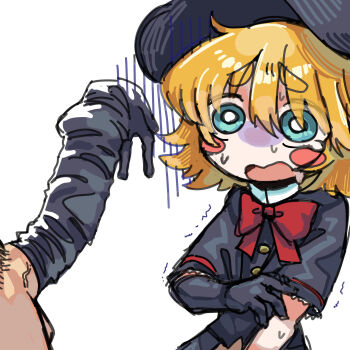 1boy 1girl absurdres black_capelet black_gloves black_hat blonde_hair blue_eyes blush_stickers bow bowtie bright_pupils capelet commentary_request cookie_(touhou) erection gloom_(expression) gloves hat highres kirisame_marisa looking_at_penis meguru_(cookie) melanin_shikiso open_mouth penis_in_glove red_bow red_bowtie short_hair simple_background single_glove solo_focus thick_eyebrows touhou upper_body white_background white_pupils