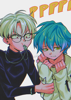 2boys absurdres black-framed_eyewear black_sweater blowing_whistle blue_hair character_request charisma_house closed_mouth collarbone commentary_request copyright_request glasses grabbing_another's_arm hair_between_eyes highres long_sleeves male_focus menma_(enaic31) multiple_boys noose parted_lips red_eyes short_hair sweater turtleneck turtleneck_sweater whistle whistle_around_neck white_hair yellow_eyes