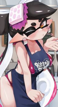 1girl alternate_breast_size_(larger) alternate_costume apron bikini bikini_under_clothes black_hair blowing_kiss blue_apron bow-shaped_hair breasts callie_(splatoon) cleavage clenched_hand commentary cross-shaped_pupils earrings gradient_hair highres hizake_mozu inkling jewelry large_breasts long_hair looking_at_viewer mole mole_under_eye multicolored_hair nintendo one_eye_closed pink_bikini pink_hair pointy_ears short_eyebrows solo splatoon_(series) swimsuit symbol-only_commentary symbol-shaped_pupils tentacle_hair thick_eyebrows very_long_hair yellow_eyes