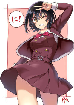1girl abo_(hechouchou) black_hair border breasts brown_background brown_dress brown_eyes brown_jacket commentary_request cowboy_shot dress grin jacket looking_at_viewer medium_breasts one_eye_closed open_clothes open_jacket original pinafore_dress school_uniform short_dress short_hair simple_background sleeveless sleeveless_dress smile solo speech_bubble standing teeth v v_over_head white_border