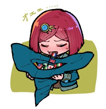 1girl american_flag blush brown_vest closed_eyes cropped_torso danganronpa_(series) danganronpa_v3:_killing_harmony flags_of_all_nations french_flag green_hat green_jacket hat highres italian_flag jacket japanese_flag long_sleeves open_mouth red_hair short_hair solo string_of_flags sweatdrop swedish_flag translation_request union_jack vest white_background witch_hat youko-shima yumeno_himiko