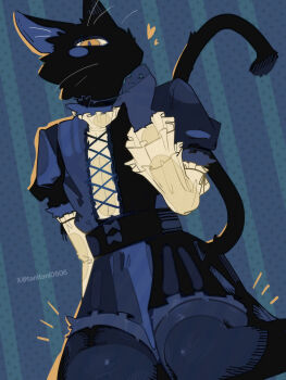 1boy abstract_background animal_ears artist_name black_fur blue_gloves blue_shirt blue_skirt blue_theme blue_thighhighs body_fur cat_boy cat_ears cat_tail commentary_request frilled_sleeves frills furry furry_male gloves heart highres kneeling orange_eyes original shirt skirt solo tail tanitani0606 thighhighs trap twitter_username yellow_sleeves