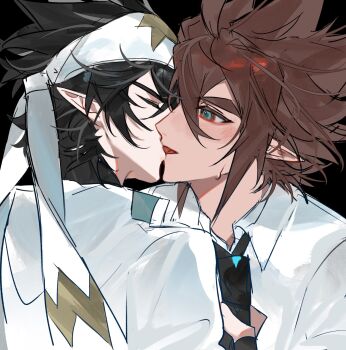 2boys absurdres ahoge anmicius aotu_world aqua_eyes bandana black_background black_hair black_necktie blush brown_hair chinese_commentary closed_eyes clothes_grab collared_shirt french_kiss hair_between_eyes headband highres jacket kiss liaoxiaoyan0919 looking_at_another male_focus multiple_boys necktie neckwear_grab pointy_ears print_headband profile ray_(aotu_world) shirt short_hair simple_background spiked_hair star_(symbol) star_print sweatdrop tongue tongue_out upper_body white_headband white_jacket white_shirt yaoi