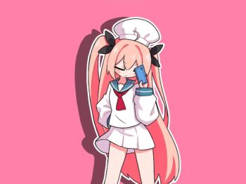 1girl :d adapted_costume ahoge ami_b1196260828 animated animated_gif ascot atri atri-my_dear_moments- black_bow blue_sailor_collar blush_stickers bow bright_pupils brown_hair chef_hat chinese_commentary closed_eyes closed_mouth commentary_request cowboy_shot dancing drawn_whiskers drop_shadow facing_viewer floating_hair hair_bow hand_on_own_hip hand_up hat holding long_hair long_sleeves looking_at_viewer looping_animation miniskirt open_mouth outline pink_background pleated_skirt red_ascot red_eyes sailor_collar sailor_shirt shirt sidelocks simple_background skirt smile smug solo two_side_up v-shaped_eyebrows very_long_hair white_hat white_outline white_pupils white_shirt white_skirt wide_sleeves