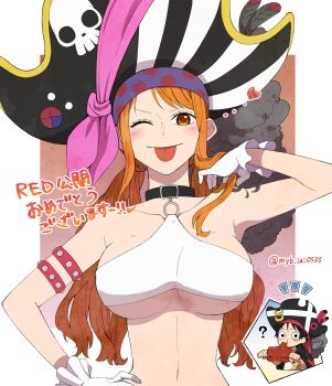 1boy 1girl ? bare_shoulders black_choker black_coat boned_meat breasts chibi chibi_inset choker closed_mouth coat collarbone eating food frilled_gloves frills gloves hand_on_own_hip hand_up hat hat_ribbon headscarf highres holding holding_food large_breasts long_hair looking_at_viewer low_twintails m_(user_gjgn8588) meat midriff monkey_d._luffy nami_(one_piece) official_alternate_costume official_alternate_hairstyle one_eye_closed one_piece one_piece_film:_red orange_eyes orange_hair pink_ribbon pirate pirate_hat print_headwear red_ribbon ribbon shirt shoulder_tattoo sidelocks skull_print smile strapless tattoo tongue tongue_out translation_request tube_top twintails twitter_username underboob upper_body wavy_hair white_gloves white_shirt white_tube_top
