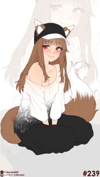 1girl absurdres alternate_costume animal_ear_fluff animal_ears black_hat black_pants blunt_bangs blush breasts brown_hair cleavage closed_mouth commentary contemporary english_commentary fang hat highres holo likunea long_hair looking_at_viewer pants patreon_logo patreon_username red_eyes shirt sidelocks simple_background single_bare_shoulder sitting small_breasts smile solo solo_focus spice_and_wolf tail twitter_username twitter_x_logo white_shirt wolf_ears wolf_girl wolf_tail zoom_layer