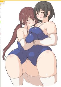 2girls art_program_in_frame belly black_hair blue_one-piece_swimsuit blush breast_press breasts brown_eyes brown_hair covered_navel elbow_gloves fang gloves holding_hands hug large_breasts licking_lips long_hair low_ponytail medium_breasts multiple_girls one-piece_swimsuit open_mouth original pink_eyes plump ponytail shinonon_(iso_shino) short_hair skin_fang smile standing sweat swimsuit thick_arms thick_thighs thighhighs thighs tongue tongue_out white_background white_gloves white_thighhighs