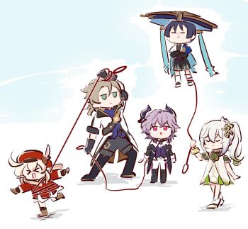 >_< 2girls 3boys ahoge albedo_(genshin_impact) anklet aqua_eyes arm_at_side arm_up arms_at_sides belt black_belt black_bodysuit black_boots black_bridal_gauntlets black_coat black_hair black_hood black_horns black_sandals black_shorts black_sleeves blonde_hair blue_cape blue_hat blunt_ends bodysuit boots bound bracelet bridal_gauntlets brown_boots brown_gloves brown_scarf cape chest_belt chibi closed_eyes closed_mouth coat colored_tips crossed_arms detached_sleeves dragon_boy dragon_horns dress durin_(genshin_impact) facing_to_the_side facing_up feathers floating furisode genshin_impact gloves gold gold_trim green_hair green_sleeves hair_between_eyes hat hat_feather holding holding_leash hood hood_down hooded_coat horns japanese_clothes jewelry jingasa jitome kimono klee_(genshin_impact) knee_boots leash leg_warmers levitation long_hair long_sleeves looking_at_another low_twintails mandarin_collar meme multicolored_hair multiple_boys multiple_girls mzxiaxi nahida_(genshin_impact) newsboy_cap open_clothes open_coat open_mouth outstretched_arms pants pink_eyes purple_hair purple_shirt purple_vest red_dress red_hat red_sleeves rough_day_for_mom_(meme) sandals scaramouche_(genshin_impact) scarf shirt short_sleeves shorts side_ponytail sidelocks smile socks spread_arms tied_up_(nonsexual) toeless_legwear twintails vest wanderer_(genshin_impact) white_background white_coat white_dress white_feathers white_hair white_leg_warmers white_pants white_sleeves white_socks wispy_bangs zouri