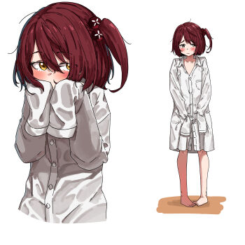 1girl absurdres barefoot blush hair_bobbles hair_ornament hands_up highres jyuunen-kun komari_chika make_heroine_ga_oo_sugiru! multiple_views pajamas red_hair side_ponytail sleeves_past_fingers sleeves_past_wrists standing white_background white_pajamas