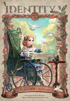 1girl animal bird black_shoes blonde_hair blue_dress copyright_name cup dove dress feathers flower galatea_claude galatea_claude_(&quot;clara&quot;) highres holding holding_animal holding_bird holding_knife identity_v knife kotobuki_nashiko lace lace_trim official_art pantyhose pillar pink_flower pink_rose ringlets rose shoes snow_globe solid_eyes table tea_set teacup teapot wheelchair white_pantyhose