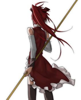 Rule 34 | 1girl, bare shoulders, bow, brown bow, detached sleeves, dress, feet out of frame, frilled dress, frills, from behind, grey thighhighs, hair bow, highres, holding, holding polearm, holding weapon, long hair, mahou shoujo madoka magica, polearm, ponytail, red dress, red hair, sakura kyoko, sakura kyoko (magical girl), sayalovekyou, simple background, sleeveless, sleeveless dress, solo, standing, thighhighs, weapon, white background, white sleeves