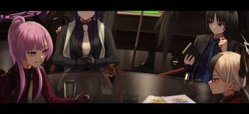 6+girls black_eyes black_hair black_jacket black_necktie black_pants black_shirt black_shoes black_suit black_wings blue_archive blue_hair blue_necktie book bright_pupils chair character_request check_character clenched_hand colored_bangs colored_inner_hair comiket_107 cropped cup demon_horns drinking_glass earrings feathered_wings formal_clothes glass glass_table gloves halo hasumi_(blue_archive) holding holding_book horns jacket jewelry kayoko_(blue_archive) kikyou_(blue_archive) kis_sako lapels letterboxed long_sidelocks long_sleeves looking_at_another multicolored_hair multiple_girls necktie notched_lapels on_chair open_clothes open_jacket own_hands_together pants ponytail purple_eyes purple_hair recruitment_(blue_archive) red_eyes red_gloves red_shirt round_table saori_(blue_archive) sash shirt shoes shoulder_sash sidelocks sitting suit suit_jacket table utaha_(blue_archive) vlue_shirt white_hair white_necktie white_sash wine_glass wings