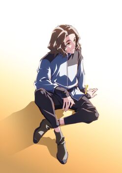 1boy absurdres black_hair black_pants blue_jacket commentary_request digimon digimon_beatbreak full_body highres jacket male_focus official_art orange_background pants sawashiro_kyo shadow short_hair simple_background sitting solo wavy_hair white_background