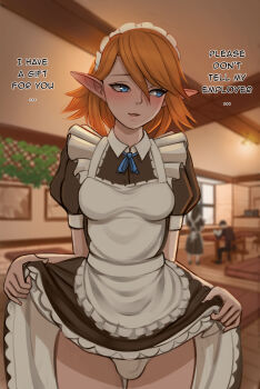 1futa apron blue_eyes blurry blurry_background blush breasts bulge clothes_lift commentary elf english_commentary futanari highres lifting_own_clothes liliacineris maid maid_apron maid_headdress medium_breasts orange_hair original panties penis_in_panties pointy_ears public_indecency skirt skirt_lift teasing underwear white_panties