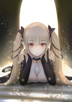 1girl azur_lane bare_shoulders black_dress black_ribbon black_shoes breasts cleavage commentary_request dress formidable_(azur_lane) grey_hair hands_on_own_cheeks hands_on_own_face highres large_breasts long_hair long_sleeves lying michikusaboushi_(p_o_q) on_stomach red_eyes reflection ribbon shoes solo twintails two-tone_ribbon very_long_hair white_ribbon