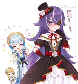 3girls :d ^_^ alternate_costume arm_behind_back artist_name ayaka_(genshin_impact) bare_shoulders black_dress black_gloves black_hat blush butterfly_hair_ornament chevreuse_(genshin_impact) closed_eyes closed_mouth commentary_request dress eyepatch flower genshin_impact gloves gradient_gloves hair_ornament hand_up hat kamisato_ayaka kamisato_ayaka_(springbloom_missive) long_hair lumine_(genshin_impact) multiple_girls naomi_(fantasia) off-shoulder_dress off_shoulder official_alternate_costume open_mouth purple_eyes purple_hair red_gloves signature simple_background small_sweatdrop smile translation_request very_long_hair white_background white_flower