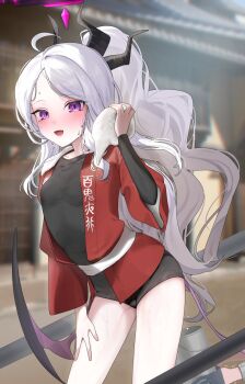 1boy 1girl ahoge alternate_costume alternate_hairstyle black_bodysuit black_gloves blue_archive blurry bodysuit breasts bucket commentary_request cosplay demon_girl demon_horns demon_wings depth_of_field forehead gloves half_gloves halo haori highres hina_(blue_archive) holding holding_towel horns japanese_clothes leaning_forward long_hair long_sleeves looking_at_viewer oomabiblogo2 out_of_frame outdoors parted_bangs ponytail purple_eyes rickshaw rickshaw_student_(blue_archive) rickshaw_student_(blue_archive)_(cosplay) sensei_(blue_archive) short_sleeves sidelocks small_breasts solo_focus sweat towel towel_around_neck wavy_hair white_hair wide_sleeves wings wiping_sweat