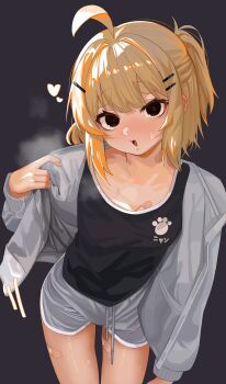 1boy absurdres ahoge bandaid_on_chest bandaid_on_thigh black_background black_tank_top blonde_hair blush brown_eyes ch1ckpyo clothes_pull cowboy_shot empty_eyes full-face_blush grey_jacket grey_shorts hair_ornament hairpin half_updo highres hot huge_ahoge jacket jacket_pull leaning_forward male_focus multiple_hairpins off-shoulder_sweater off_shoulder open_clothes open_jacket original pulling_own_clothes shiny_skin shorts simple_background steaming_body sweat sweater tank_top thick_eyebrows thighs track_jacket trap very_sweaty