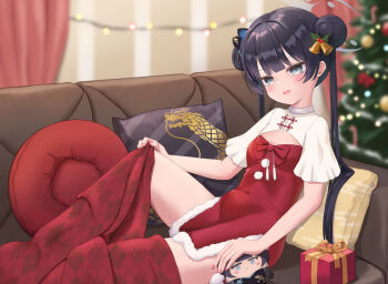 1girl alternate_costume arichi bell black_hair blue_archive blue_eyes blush bow box braid braided_bun butterfly_hair_ornament china_dress chinese_clothes christmas_lights christmas_ornaments christmas_present christmas_tree cleavage_cutout clothing_cutout couch covered_navel cushion doll double_bun dragon_print dress fingernails flat_chest gift gift_box grey_halo hair_bell hair_bun hair_ornament halo highres indoors kisaki_(blue_archive) loli long_hair looking_at_viewer nail_polish on_couch open_mouth pelvic_curtain red_bow red_dress red_nails santa_costume santa_dress short_sleeves smile solo souvenir_doll_(blue_archive) thighs twintails under_covers very_long_hair