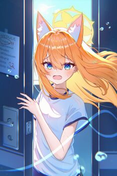 1girl absurdres air_bubble alternate_costume animal_ear_fluff animal_ears blue_archive blue_eyes blush bubble cat_ears computer door_handle doorknob doorway embarrassed floating_hair fox_ears gym_uniform hair_between_eyes halo highres holding indoors long_bangs long_hair looking_at_viewer mari_(blue_archive) mari_(track)_(blue_archive) official_alternate_costume open_door open_mouth opening_door paper ritou_yukihyou shirt short_sleeves sky solo sun very_long_hair wavy_mouth white_shirt worried yellow_halo