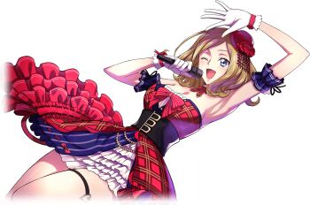 1girl arm_up armband armpits artist_request blonde_hair blue_eyes blush bow bowler_hat bowtie breasts choker cleavage code_geass code_geass:_lost_stories cropped_legs dress dutch_angle female_focus flower game_cg gloves hand_up happy hat hat_flower heart heart_o-ring highres holding holding_microphone idol_clothes layered_dress legs_together light_blush medium_breasts medium_hair microphone milly_ashford mini_hat non-web_source o-ring official_art one_eye_closed open_mouth parted_bangs plaid_clothes plaid_dress red_bow red_bowtie red_choker red_dress red_flower red_hat red_rose ribbon-trimmed_dress ribbon_trim rose sash shiny_skin short_dress sidelocks simple_background smile solo standing strapless strapless_dress thigh_strap thighs tilted_headwear transparent_background white_gloves wink