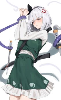 Rule 34 | 258n, :o, anger vein, angry, blue eyes, blunt bangs, blush, bound, bound wrists, green skirt, green vest, hairband, highres, katana, konpaku youmu, konpaku youmu (ghost), long sleeves, looking at viewer, medium hair, parted lips, shirt, skirt, sword, tentacles, touhou, vest, weapon, white background, white hair, white shirt