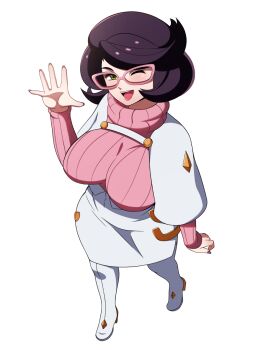 1girl akihiro94 arm_at_side big_hair breasts buttons capelet glasses green_eyes half-closed_eye hand_up high-waist_skirt highres large_breasts long_sleeves medium_skirt nintendo one_eye_closed pencil_skirt pink-framed_eyewear pink_sweater pokemon pokemon_sm purple_hair ribbed_sweater short_hair skirt smile solo sweater teeth turtleneck turtleneck_sweater upper_teeth_only white_capelet white_skirt wicke_(pokemon)