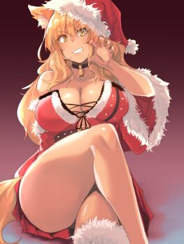 >:) 1girl animal_ear_fluff animal_ears bare_shoulders bell blonde_hair breasts choker claw_pose cleavage crossed_legs detached_sleeves dress fate/grand_order fate/grand_order_arcade fate_(series) fox_ears fox_tail fur_trim gradient_background grin hat highres kuronyan large_breasts long_hair neck_bell santa_costume santa_dress santa_hat simple_background smile solo suzuka_gozen_(fate) suzuka_gozen_(santa)_(fate) tail thighs v-shaped_eyebrows yellow_eyes
