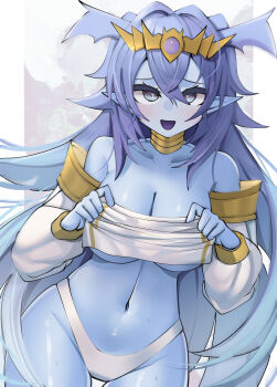 Rule 34 | 1girl, absurdres, blue eyes, blue hair, blue skin, body markings, breasts, cleavage, collarbone, colored skin, cotan (actancyaga), cowboy shot, detached sleeves, dominus impulse, duel monster, gold collar, head wings, highres, holding, holding unworn clothes, large breasts, long hair, long sleeves, panties, partially undressed, pointy ears, solo, tiara, underwear, wings, yu-gi-oh!